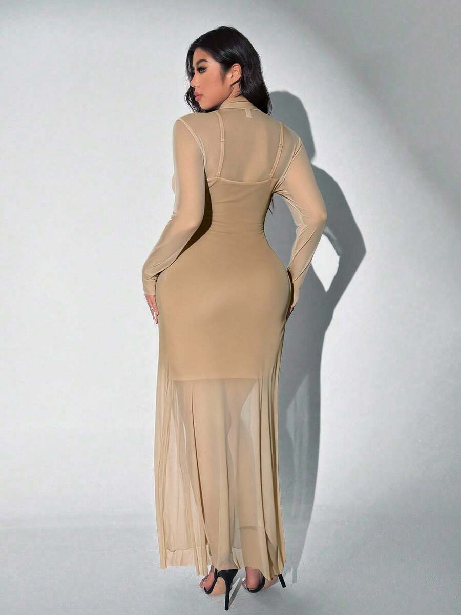 Viva Relle Plus Size Gebreide Mesh Sexy Spaghettibandjes Hoge Hals Doorschijnende Set van 2 Stuks