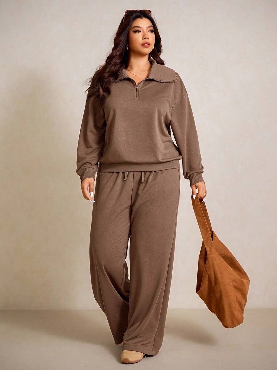 Elaquor Plus Size Dames Effen Kleur Drop Schouder Lange Mouw Ritssluiting Halve Sluiting Hoodie en Broek Casual 2-delige Set, Herfst