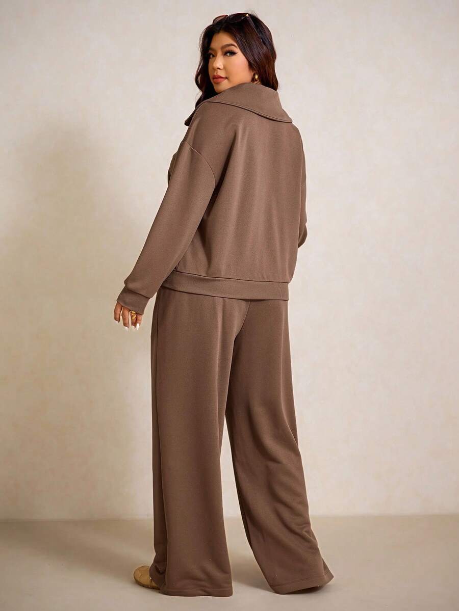 Elaquor Plus Size Dames Effen Kleur Drop Schouder Lange Mouw Ritssluiting Halve Sluiting Hoodie en Broek Casual 2-delige Set, Herfst