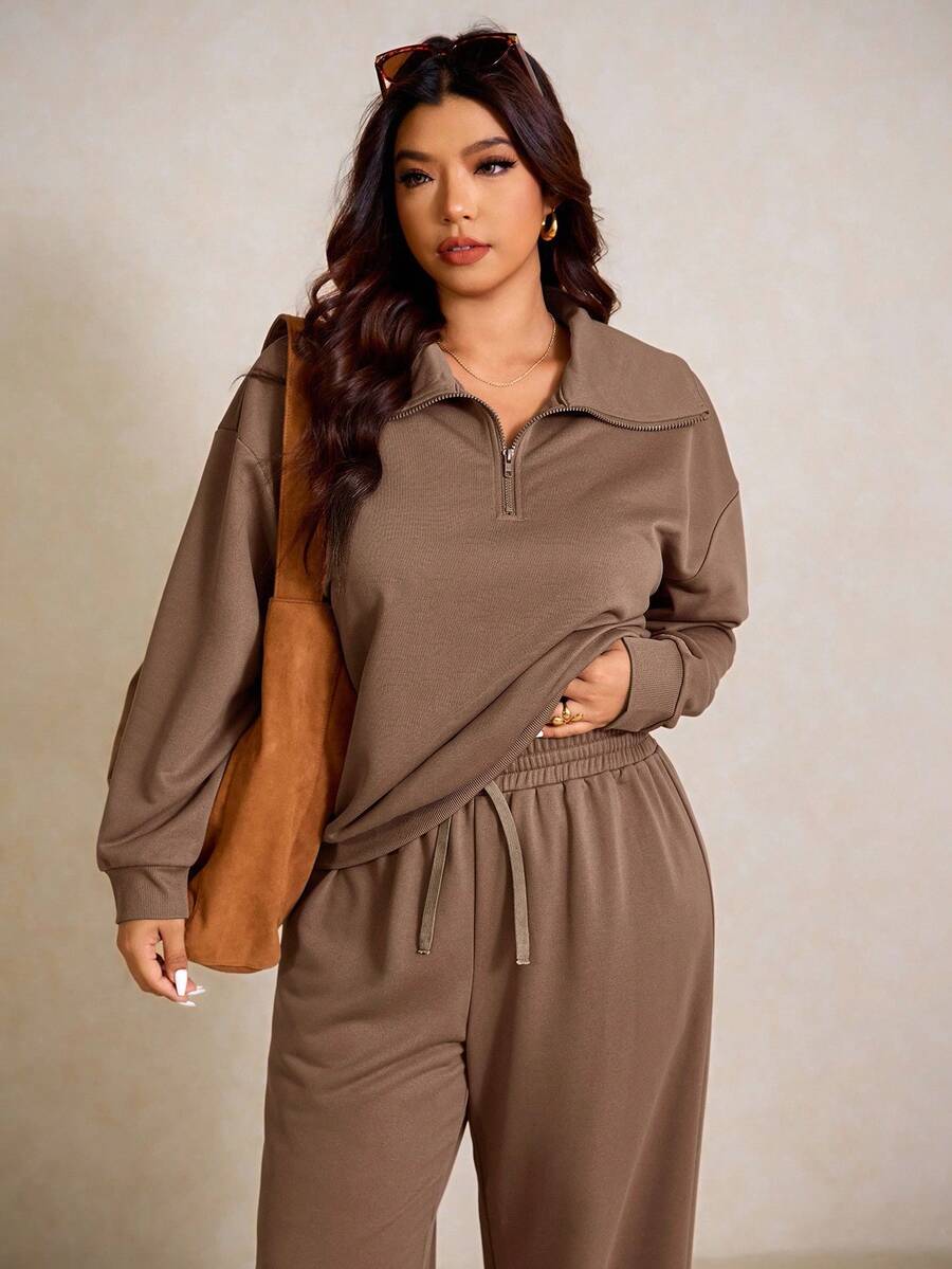 Elaquor Plus Size Dames Effen Kleur Drop Schouder Lange Mouw Ritssluiting Halve Sluiting Hoodie en Broek Casual 2-delige Set, Herfst