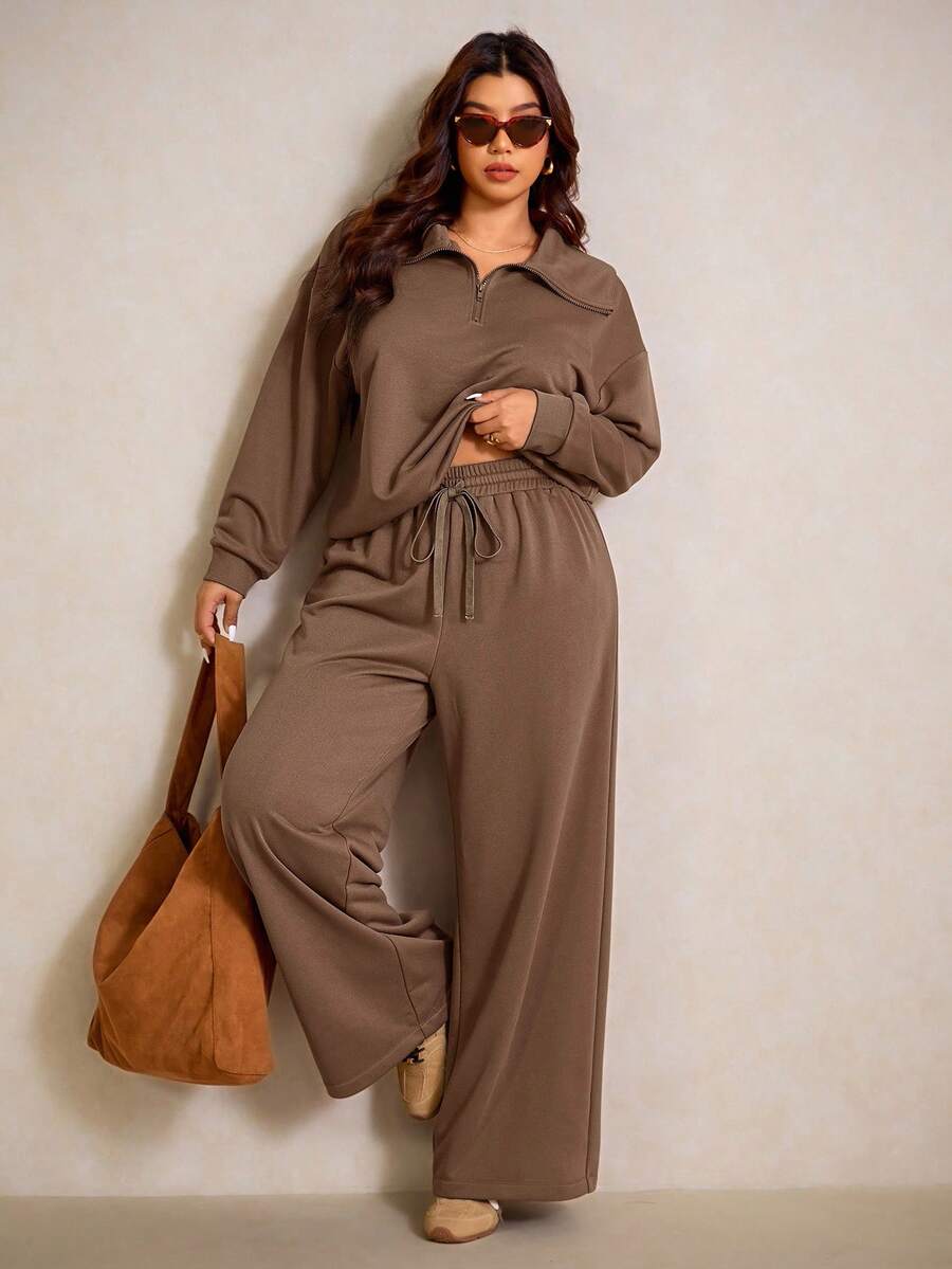 Elaquor Plus Size Dames Effen Kleur Drop Schouder Lange Mouw Ritssluiting Halve Sluiting Hoodie en Broek Casual 2-delige Set, Herfst