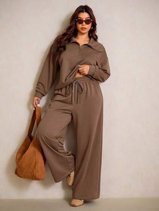 Elaquor Plus Size Dames Effen Kleur Drop Schouder Lange Mouw Ritssluiting Halve Sluiting Hoodie en Broek Casual 2-delige Set, Herfst