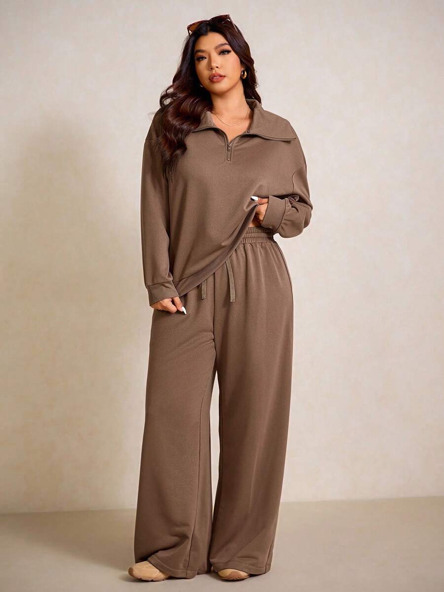 Elaquor Plus Size Dames Effen Kleur Drop Schouder Lange Mouw Ritssluiting Halve Sluiting Hoodie en Broek Casual 2-delige Set, Herfst