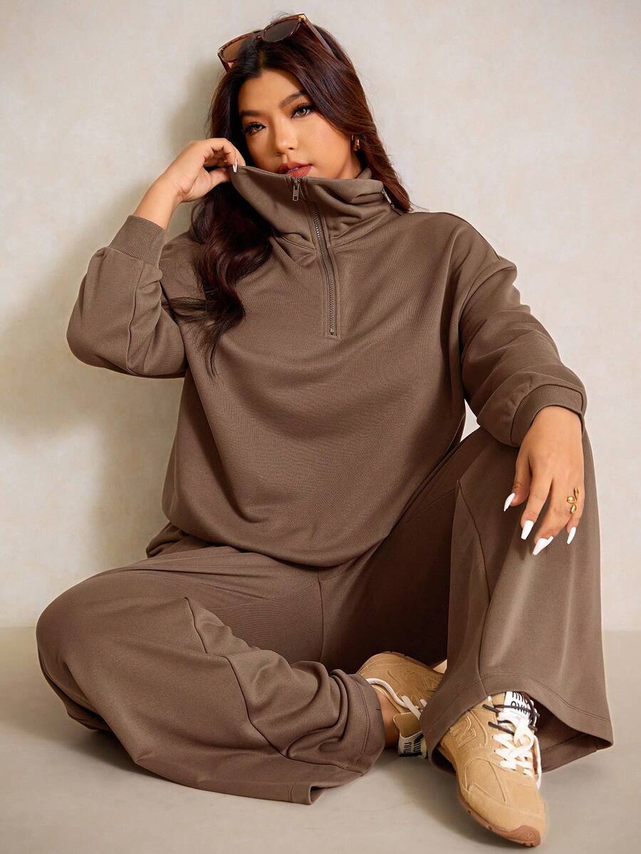 Elaquor Plus Size Dames Effen Kleur Drop Schouder Lange Mouw Ritssluiting Halve Sluiting Hoodie en Broek Casual 2-delige Set, Herfst