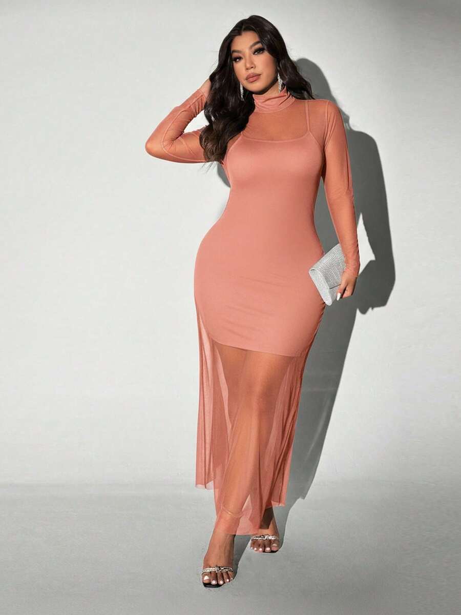 Viva Relle Plus Size Gebreide Mesh Sexy Spaghettibandjes Hoge Hals Doorschijnende Set van 2 Stuks