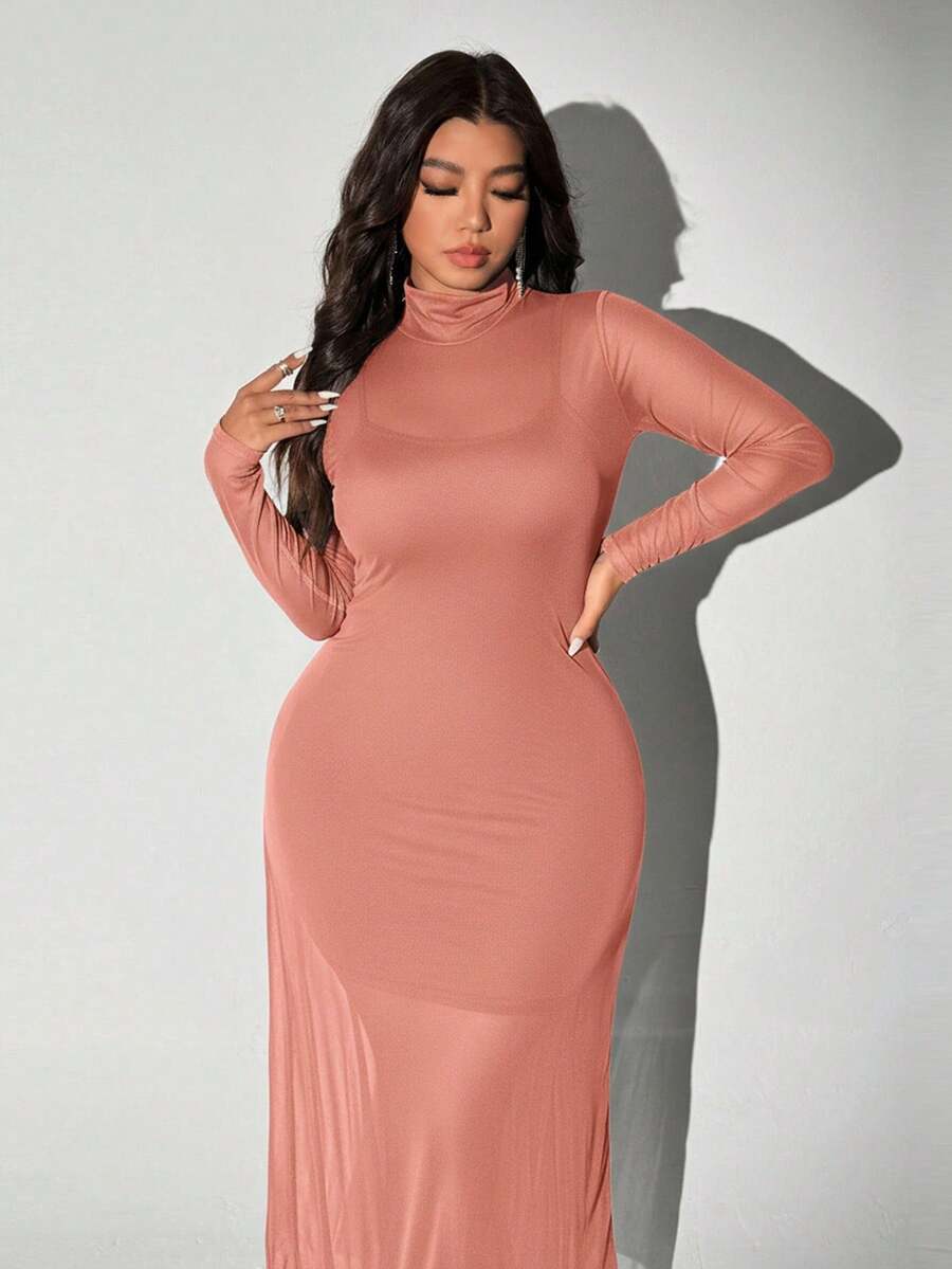 Viva Relle Plus Size Gebreide Mesh Sexy Spaghettibandjes Hoge Hals Doorschijnende Set van 2 Stuks