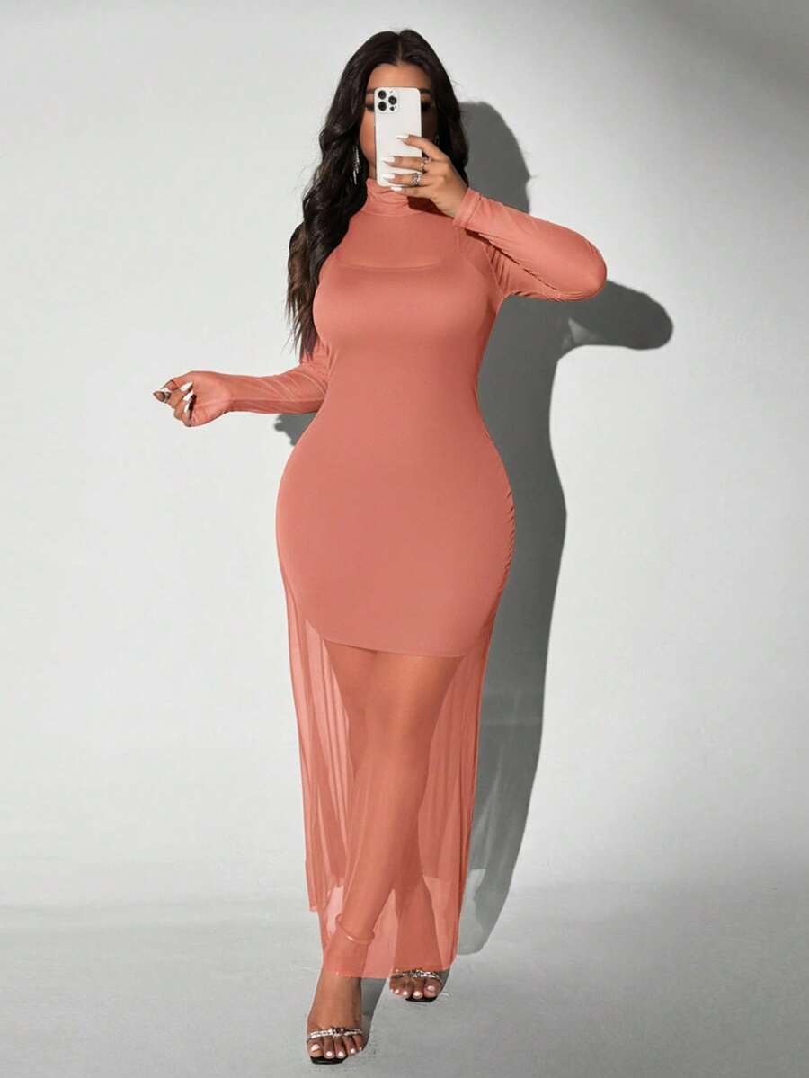 Viva Relle Plus Size Gebreide Mesh Sexy Spaghettibandjes Hoge Hals Doorschijnende Set van 2 Stuks