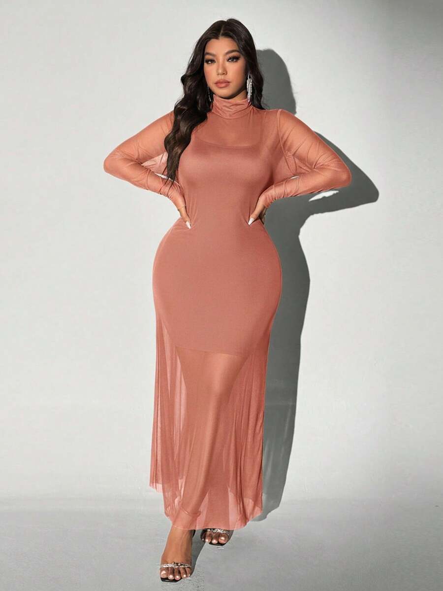 Viva Relle Plus Size Gebreide Mesh Sexy Spaghettibandjes Hoge Hals Doorschijnende Set van 2 Stuks