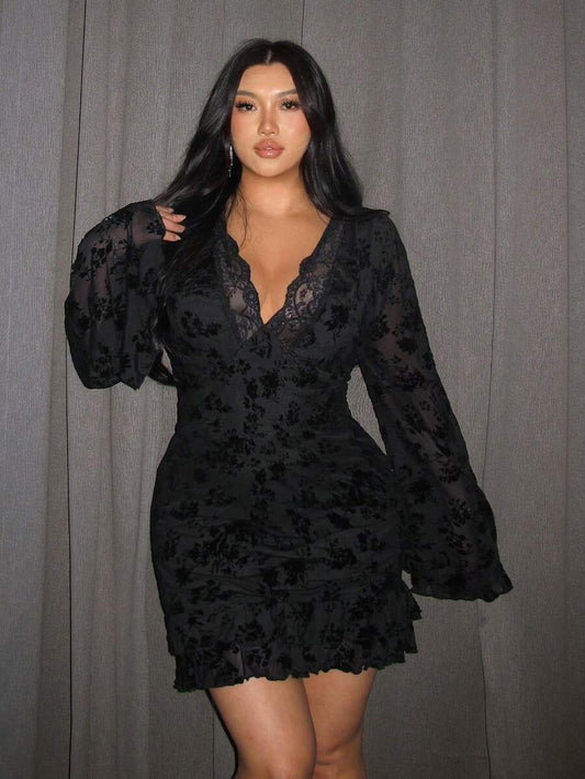 Firerie Plus Size Vrouwen Romantische Sexy Lange Mouw Jurk