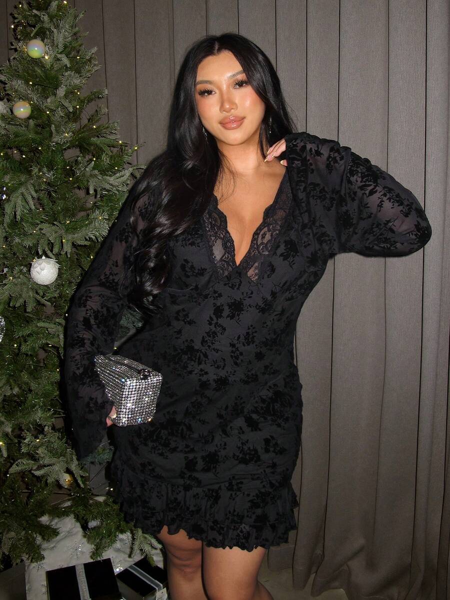 Firerie Plus Size Vrouwen Romantische Sexy Lange Mouw Jurk