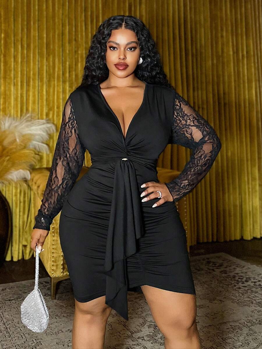 Slaydiva 2025 Herfst/Winter Nieuwe Elegante & Feest & Date & Verjaardag & Bal Romantische Getailleerde Effen Zwarte Kant Patchwork Lange Mouw Gedraaide Voorkant Gerimpelde & Strik Taille Plus Size Mini Jurk