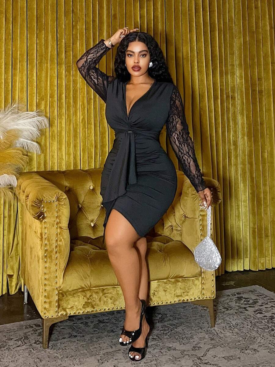 Slaydiva 2025 Herfst/Winter Nieuwe Elegante & Feest & Date & Verjaardag & Bal Romantische Getailleerde Effen Zwarte Kant Patchwork Lange Mouw Gedraaide Voorkant Gerimpelde & Strik Taille Plus Size Mini Jurk