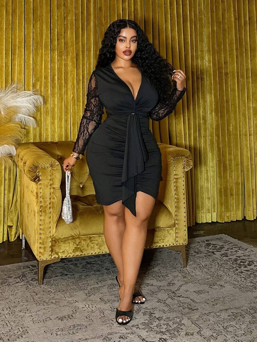 Slaydiva 2025 Herfst/Winter Nieuwe Elegante & Feest & Date & Verjaardag & Bal Romantische Getailleerde Effen Zwarte Kant Patchwork Lange Mouw Gedraaide Voorkant Gerimpelde & Strik Taille Plus Size Mini Jurk