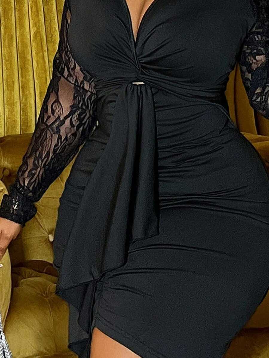 Slaydiva 2025 Herfst/Winter Nieuwe Elegante & Feest & Date & Verjaardag & Bal Romantische Getailleerde Effen Zwarte Kant Patchwork Lange Mouw Gedraaide Voorkant Gerimpelde & Strik Taille Plus Size Mini Jurk