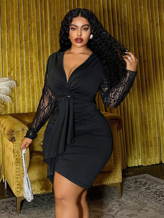 Slaydiva 2025 Herfst/Winter Nieuwe Elegante & Feest & Date & Verjaardag & Bal Romantische Getailleerde Effen Zwarte Kant Patchwork Lange Mouw Gedraaide Voorkant Gerimpelde & Strik Taille Plus Size Mini Jurk