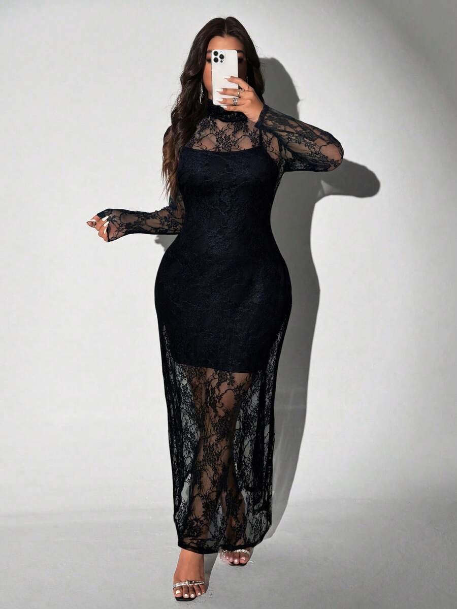 Viva Relle Plus Size Gebreide Mesh Sexy Spaghettibandjes Hoge Hals Doorschijnende Set van 2 Stuks