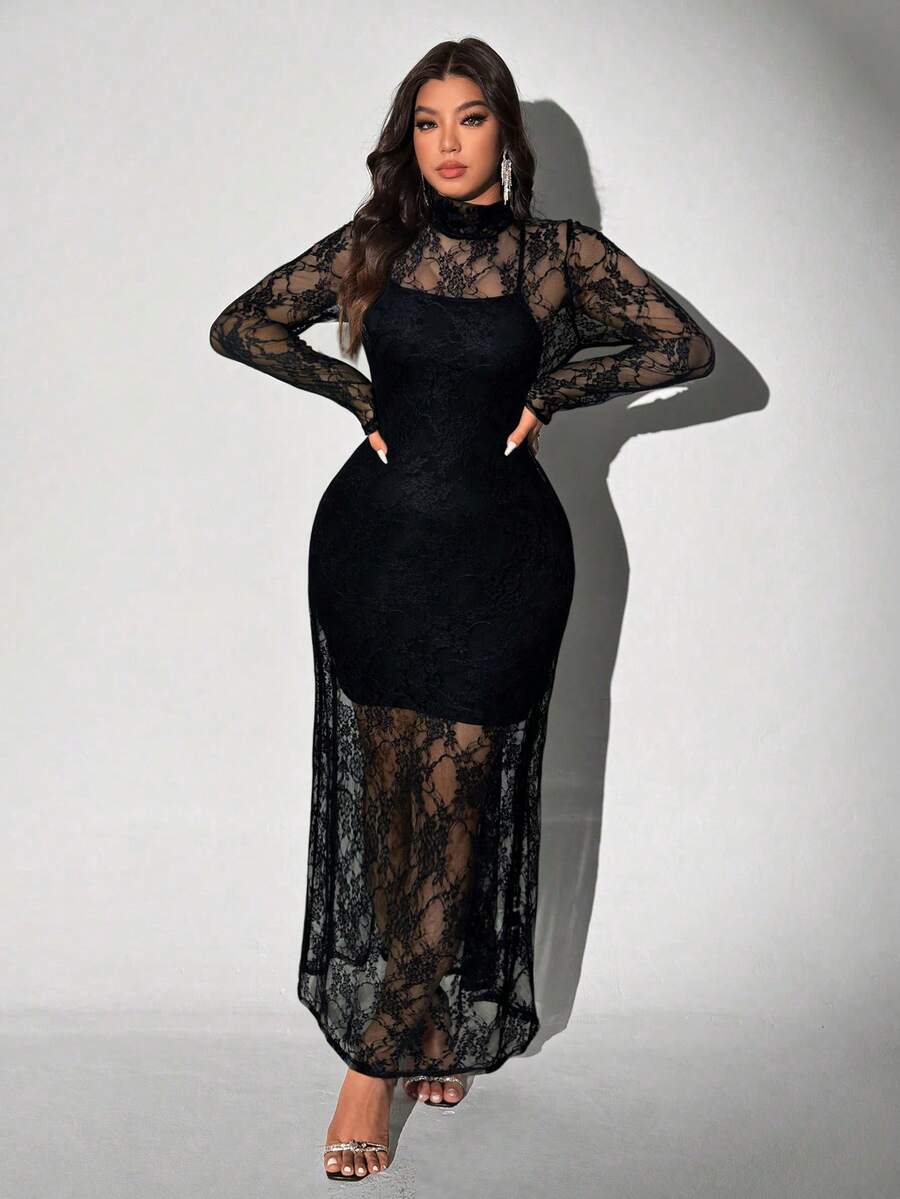 Viva Relle Plus Size Gebreide Mesh Sexy Spaghettibandjes Hoge Hals Doorschijnende Set van 2 Stuks