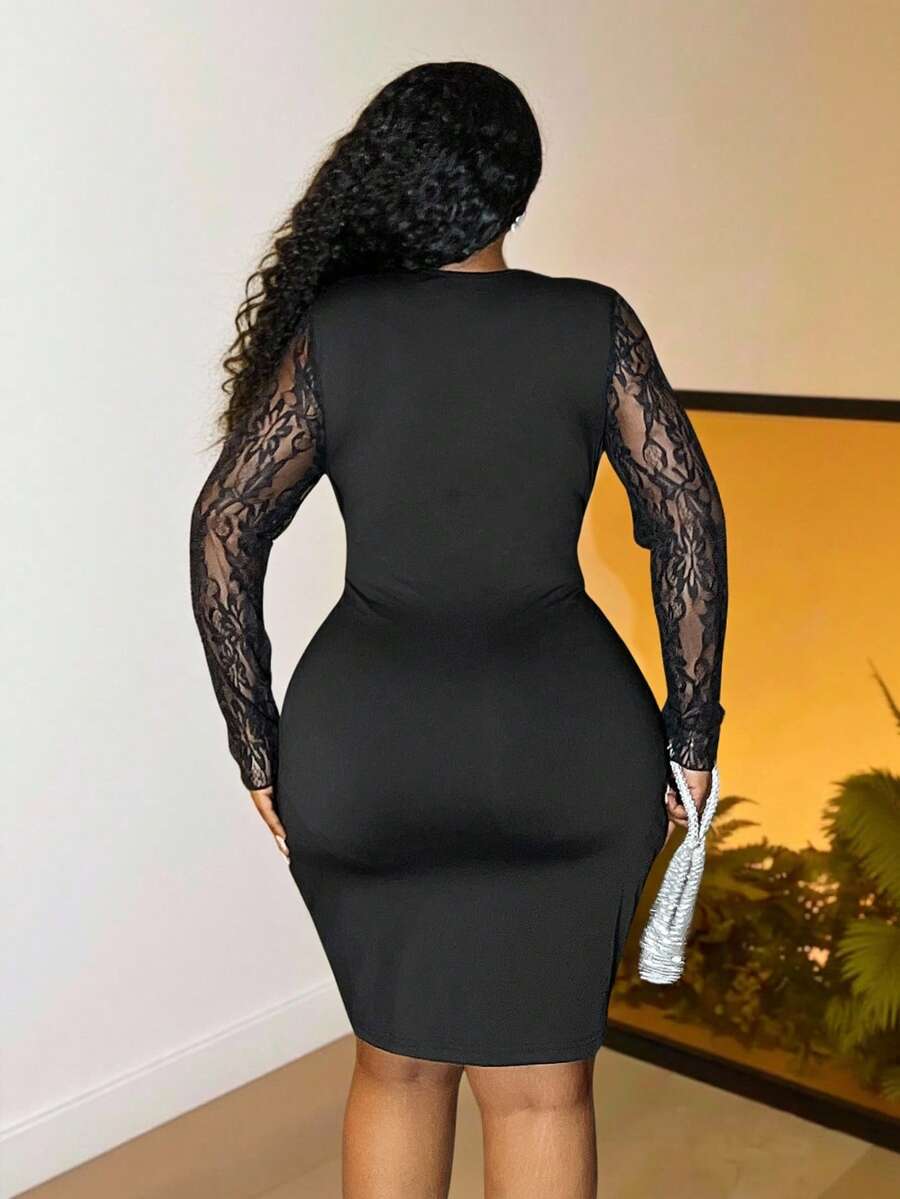 Slaydiva 2025 Herfst/Winter Nieuwe Elegante & Feest & Date & Verjaardag & Bal Romantische Getailleerde Effen Zwarte Kant Patchwork Lange Mouw Gedraaide Voorkant Gerimpelde & Strik Taille Plus Size Mini Jurk