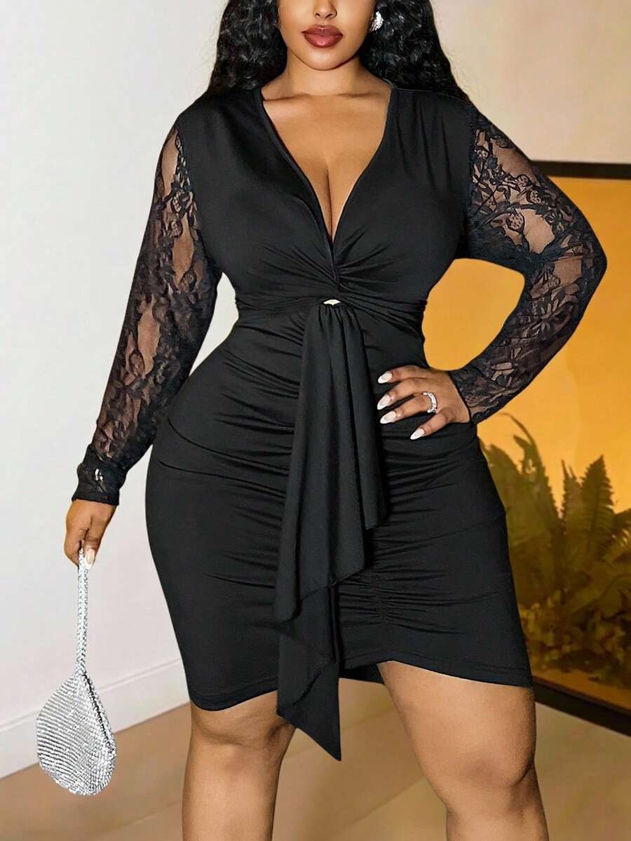 Slaydiva 2025 Herfst/Winter Nieuwe Elegante & Feest & Date & Verjaardag & Bal Romantische Getailleerde Effen Zwarte Kant Patchwork Lange Mouw Gedraaide Voorkant Gerimpelde & Strik Taille Plus Size Mini Jurk