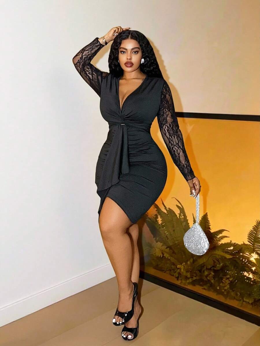 Slaydiva 2025 Herfst/Winter Nieuwe Elegante & Feest & Date & Verjaardag & Bal Romantische Getailleerde Effen Zwarte Kant Patchwork Lange Mouw Gedraaide Voorkant Gerimpelde & Strik Taille Plus Size Mini Jurk