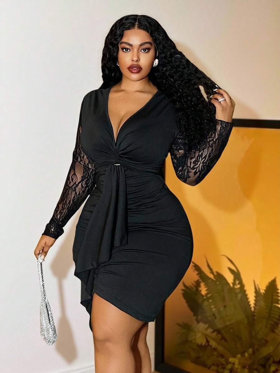 Slaydiva 2025 Herfst/Winter Nieuwe Elegante & Feest & Date & Verjaardag & Bal Romantische Getailleerde Effen Zwarte Kant Patchwork Lange Mouw Gedraaide Voorkant Gerimpelde & Strik Taille Plus Size Mini Jurk