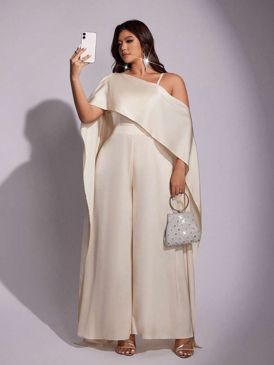 Viva Relle Plus-size dames jumpsuit met asymmetrische halslijn, elegante feestoutfit