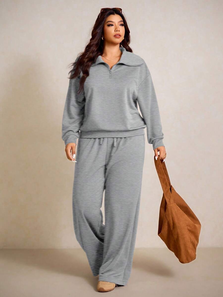 Elaquor Plus Size Dames Effen Kleur Drop Schouder Lange Mouw Ritssluiting Halve Sluiting Hoodie en Broek Casual 2-delige Set, Herfst