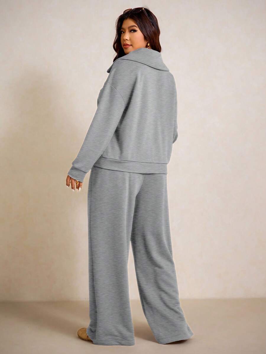 Elaquor Plus Size Dames Effen Kleur Drop Schouder Lange Mouw Ritssluiting Halve Sluiting Hoodie en Broek Casual 2-delige Set, Herfst