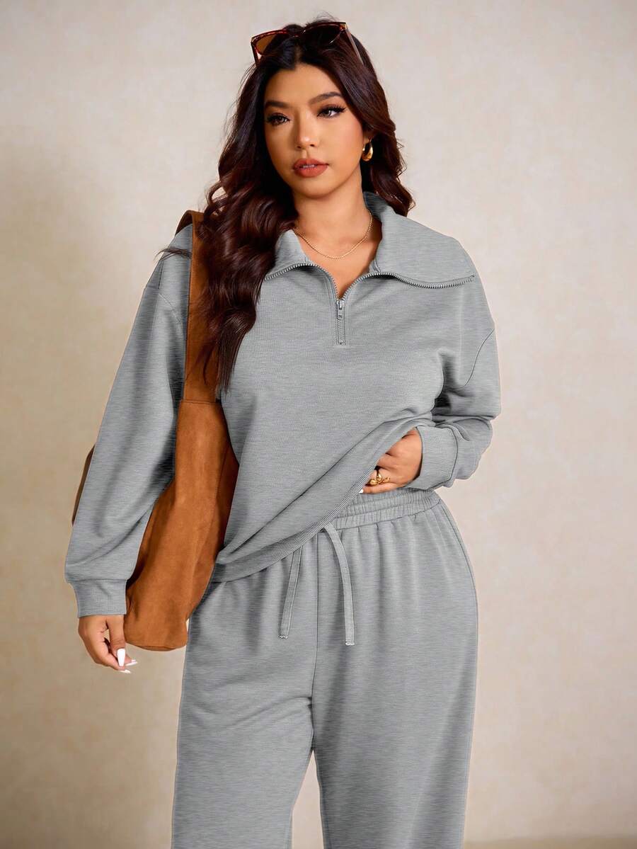 Elaquor Plus Size Dames Effen Kleur Drop Schouder Lange Mouw Ritssluiting Halve Sluiting Hoodie en Broek Casual 2-delige Set, Herfst