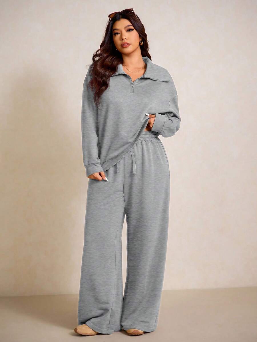 Elaquor Plus Size Dames Effen Kleur Drop Schouder Lange Mouw Ritssluiting Halve Sluiting Hoodie en Broek Casual 2-delige Set, Herfst