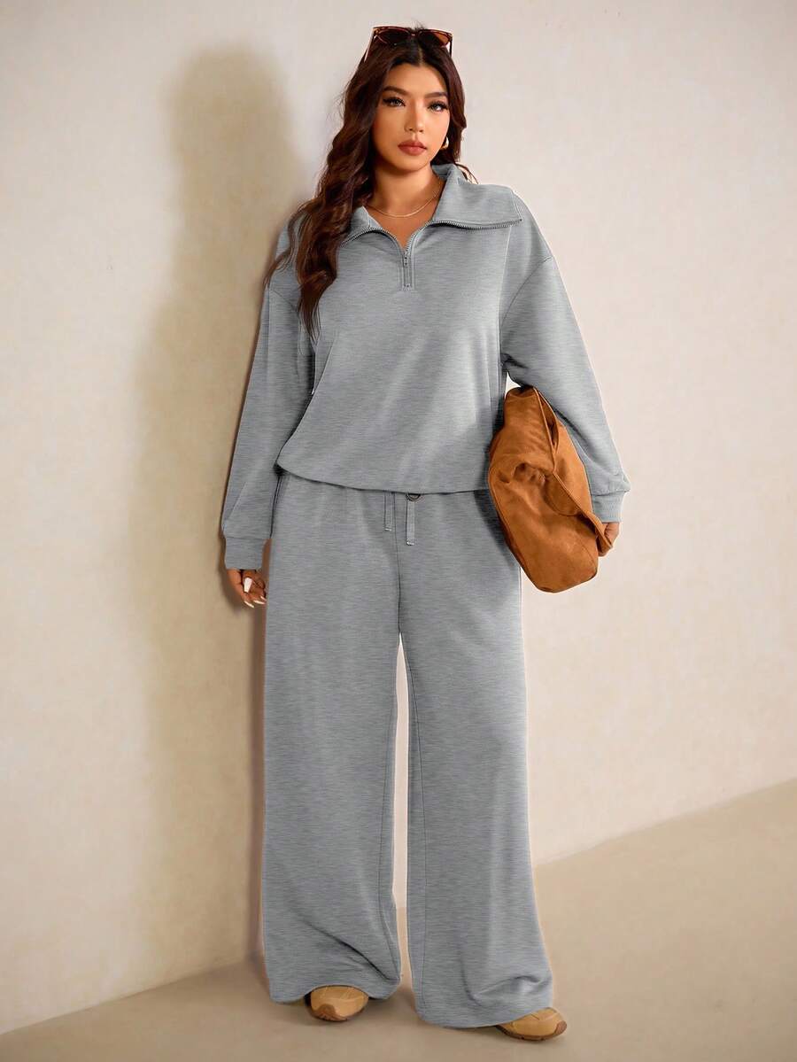 Elaquor Plus Size Dames Effen Kleur Drop Schouder Lange Mouw Ritssluiting Halve Sluiting Hoodie en Broek Casual 2-delige Set, Herfst
