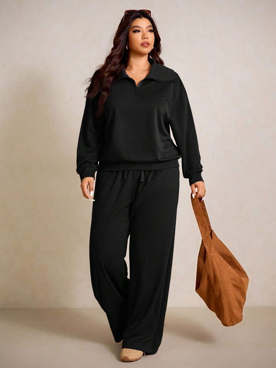 Elaquor Plus Size Dames Effen Kleur Drop Schouder Lange Mouw Ritssluiting Halve Sluiting Hoodie en Broek Casual 2-delige Set, Herfst