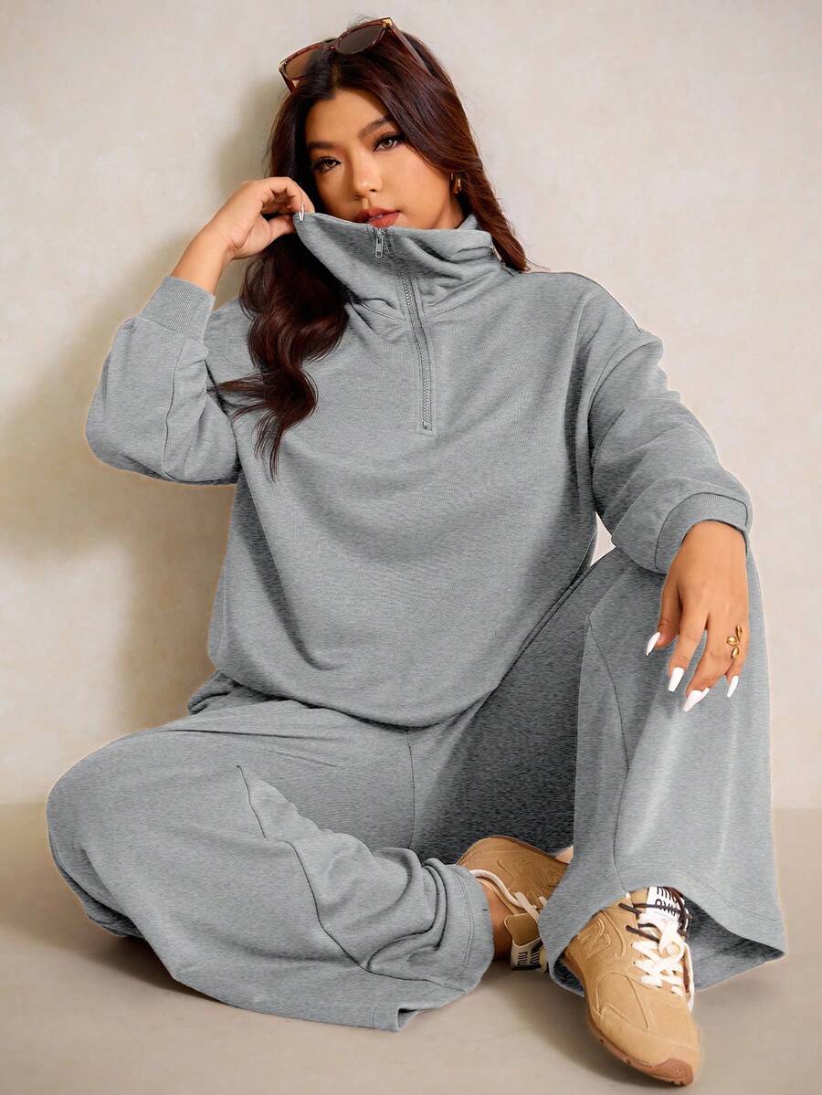 Elaquor Plus Size Dames Effen Kleur Drop Schouder Lange Mouw Ritssluiting Halve Sluiting Hoodie en Broek Casual 2-delige Set, Herfst