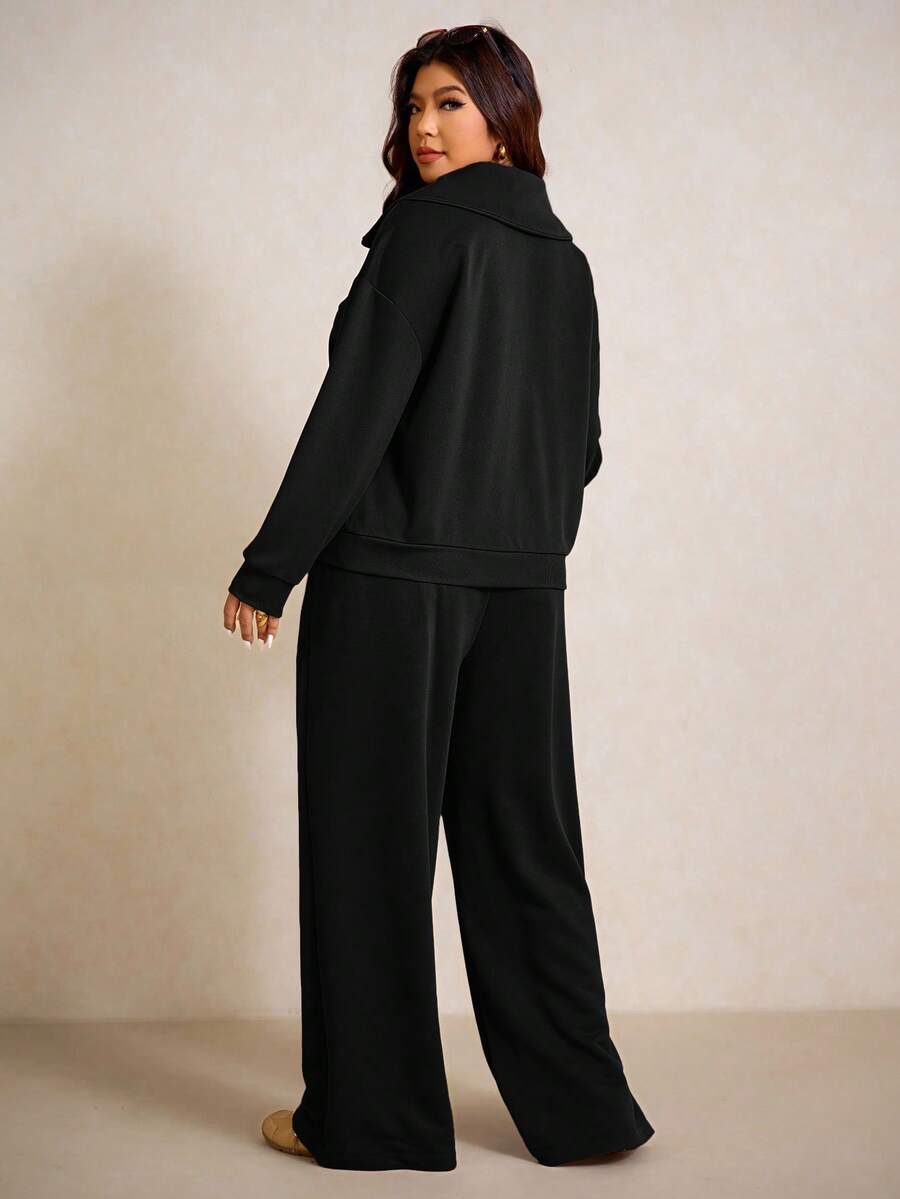 Elaquor Plus Size Dames Effen Kleur Drop Schouder Lange Mouw Ritssluiting Halve Sluiting Hoodie en Broek Casual 2-delige Set, Herfst