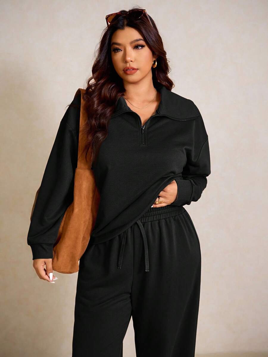 Elaquor Plus Size Dames Effen Kleur Drop Schouder Lange Mouw Ritssluiting Halve Sluiting Hoodie en Broek Casual 2-delige Set, Herfst