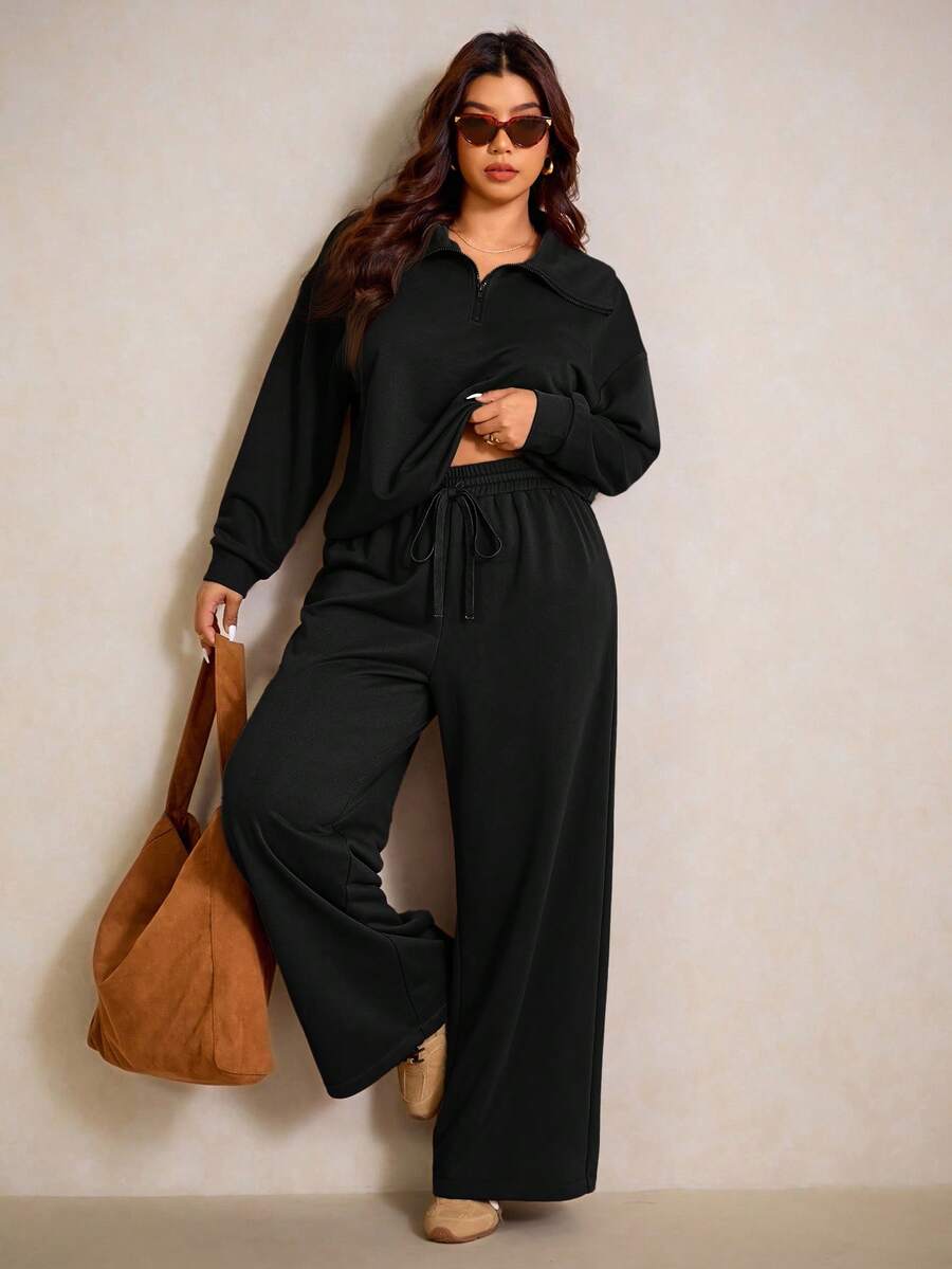 Elaquor Plus Size Dames Effen Kleur Drop Schouder Lange Mouw Ritssluiting Halve Sluiting Hoodie en Broek Casual 2-delige Set, Herfst