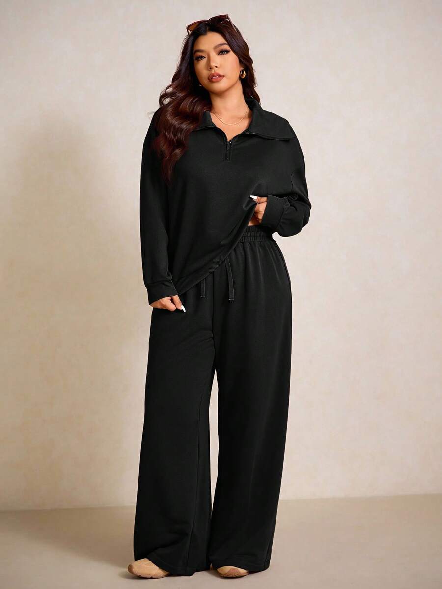 Elaquor Plus Size Dames Effen Kleur Drop Schouder Lange Mouw Ritssluiting Halve Sluiting Hoodie en Broek Casual 2-delige Set, Herfst