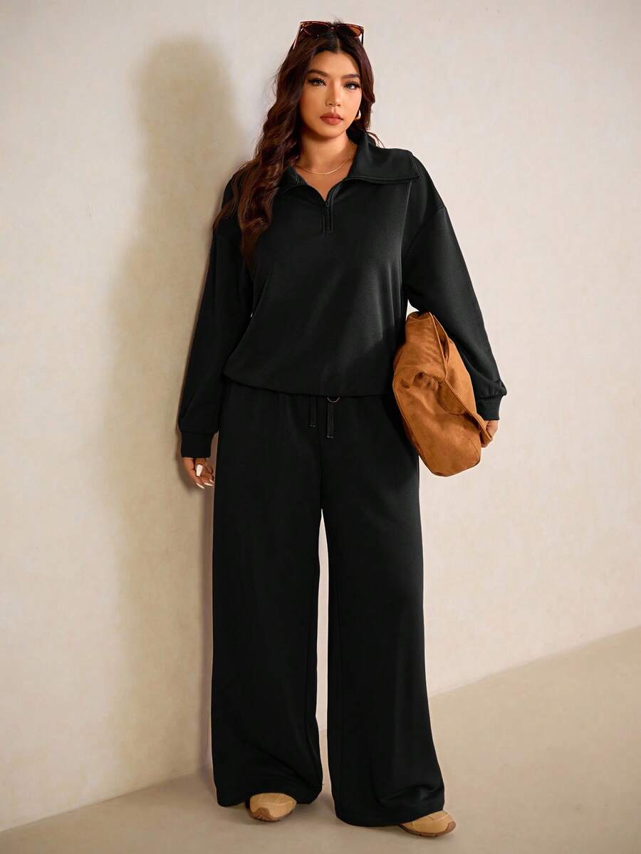 Elaquor Plus Size Dames Effen Kleur Drop Schouder Lange Mouw Ritssluiting Halve Sluiting Hoodie en Broek Casual 2-delige Set, Herfst