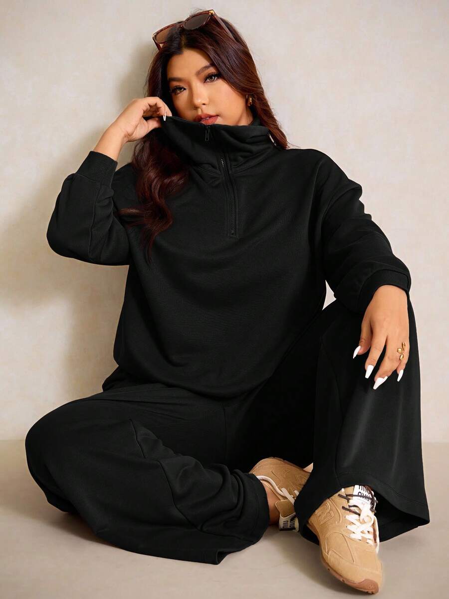 Elaquor Plus Size Dames Effen Kleur Drop Schouder Lange Mouw Ritssluiting Halve Sluiting Hoodie en Broek Casual 2-delige Set, Herfst