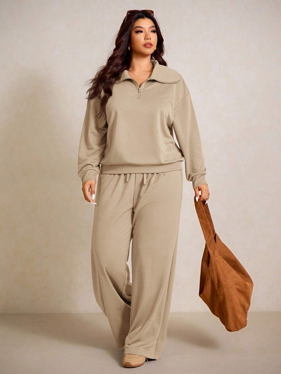 Elaquor Plus Size Dames Effen Kleur Drop Schouder Lange Mouw Ritssluiting Halve Sluiting Hoodie en Broek Casual 2-delige Set, Herfst