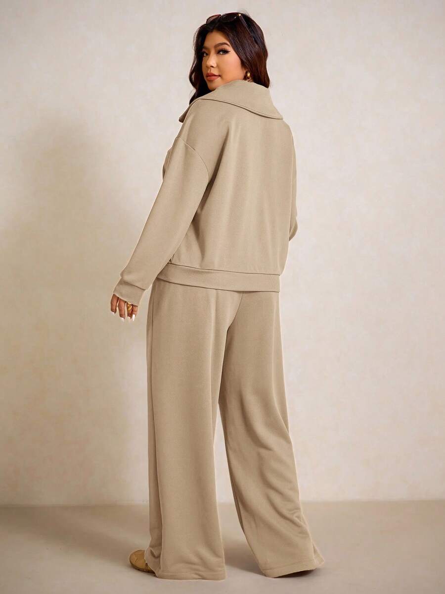 Elaquor Plus Size Dames Effen Kleur Drop Schouder Lange Mouw Ritssluiting Halve Sluiting Hoodie en Broek Casual 2-delige Set, Herfst