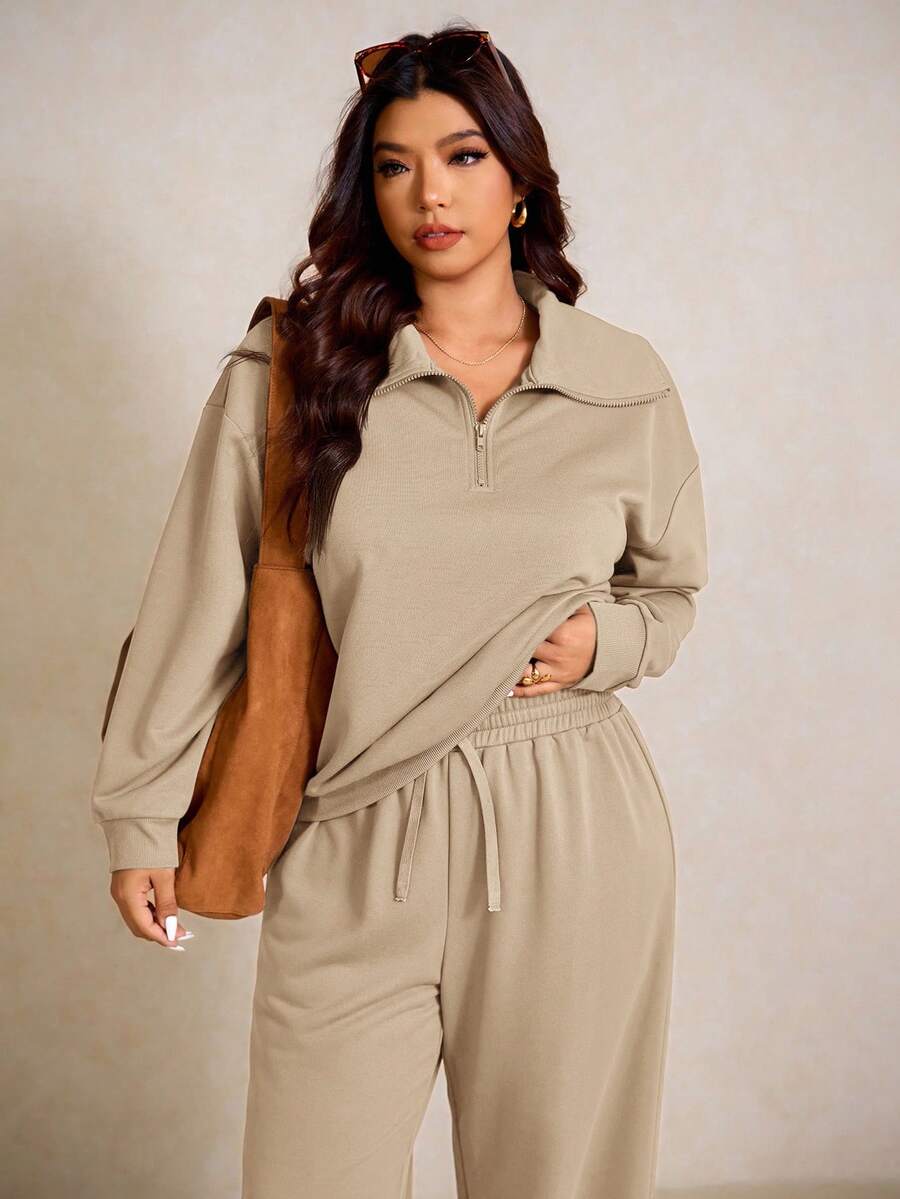 Elaquor Plus Size Dames Effen Kleur Drop Schouder Lange Mouw Ritssluiting Halve Sluiting Hoodie en Broek Casual 2-delige Set, Herfst