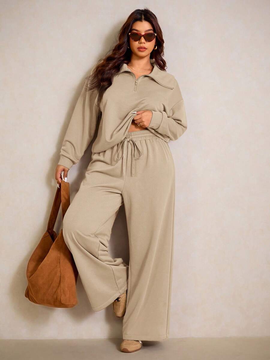 Elaquor Plus Size Dames Effen Kleur Drop Schouder Lange Mouw Ritssluiting Halve Sluiting Hoodie en Broek Casual 2-delige Set, Herfst