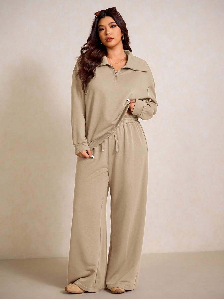 Elaquor Plus Size Dames Effen Kleur Drop Schouder Lange Mouw Ritssluiting Halve Sluiting Hoodie en Broek Casual 2-delige Set, Herfst