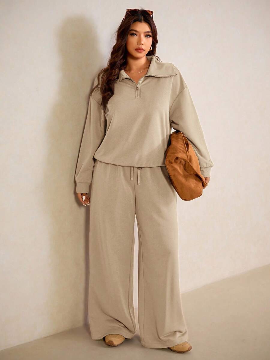 Elaquor Plus Size Dames Effen Kleur Drop Schouder Lange Mouw Ritssluiting Halve Sluiting Hoodie en Broek Casual 2-delige Set, Herfst