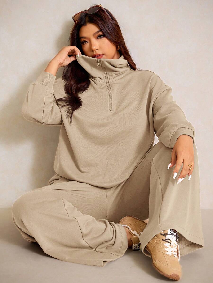Elaquor Plus Size Dames Effen Kleur Drop Schouder Lange Mouw Ritssluiting Halve Sluiting Hoodie en Broek Casual 2-delige Set, Herfst