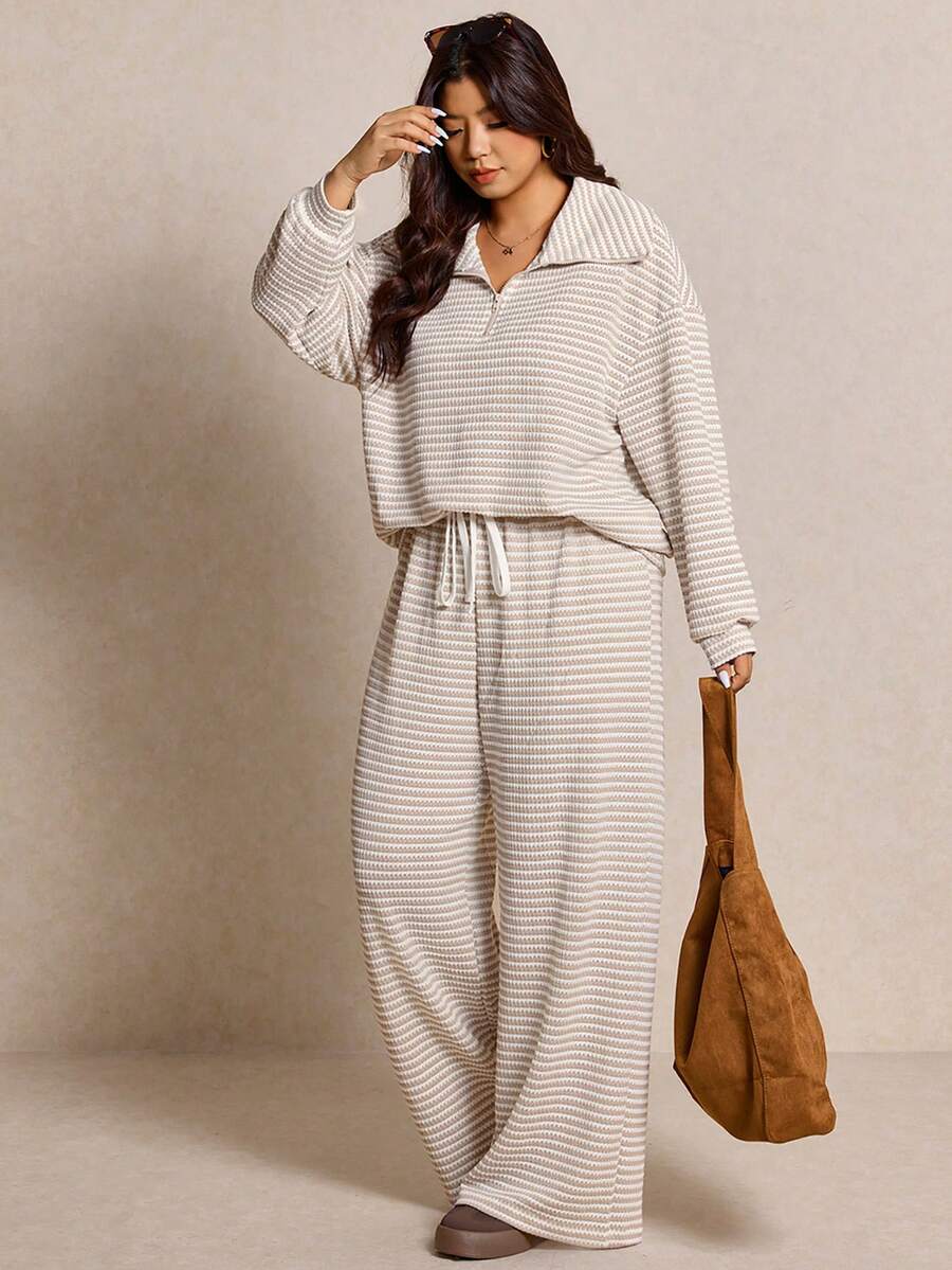 Elaquor Plus Size Dames Effen Kleur Drop Schouder Lange Mouw Ritssluiting Halve Sluiting Hoodie en Broek Casual 2-delige Set, Herfst