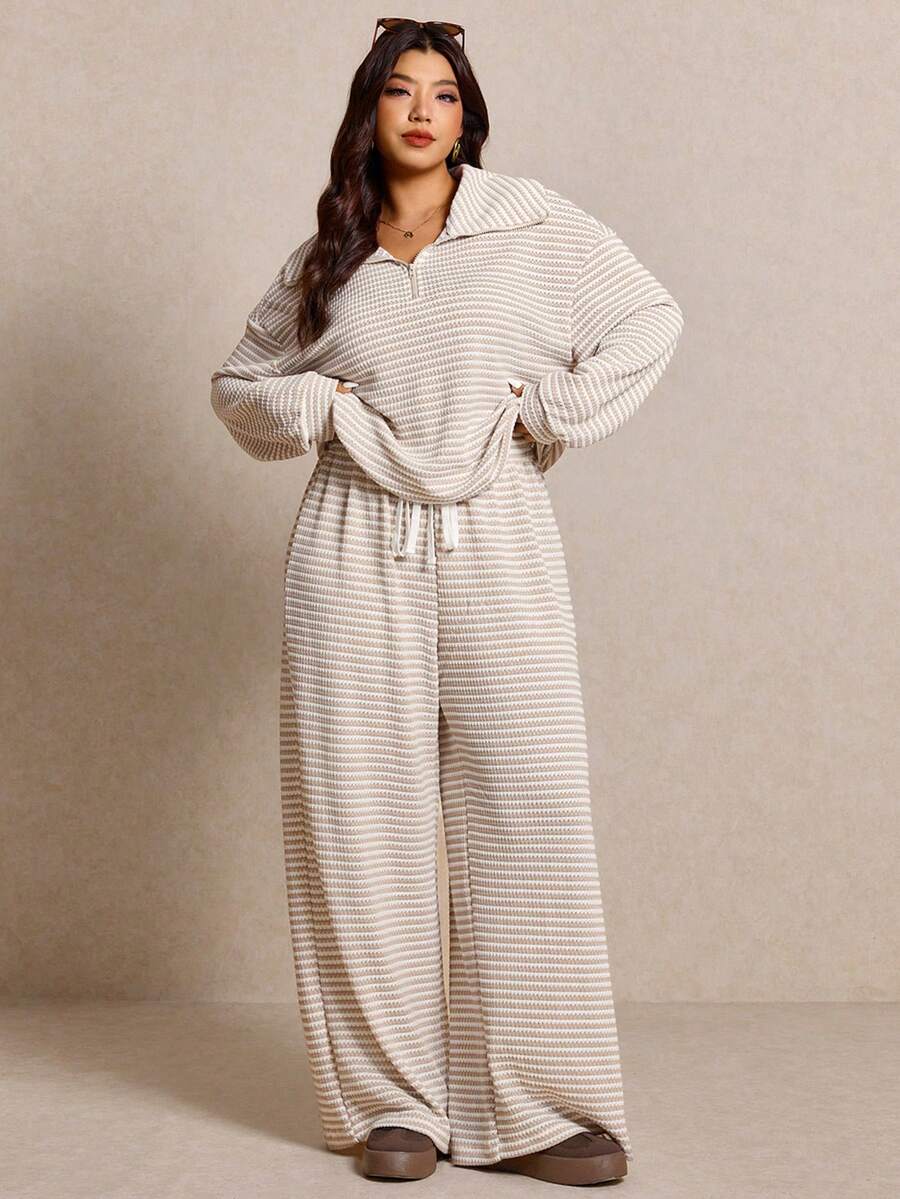 Elaquor Plus Size Dames Effen Kleur Drop Schouder Lange Mouw Ritssluiting Halve Sluiting Hoodie en Broek Casual 2-delige Set, Herfst