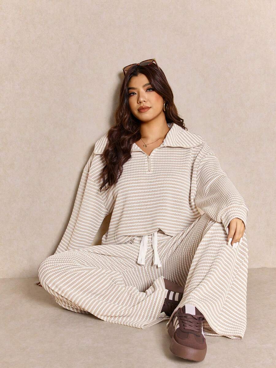 Elaquor Plus Size Dames Effen Kleur Drop Schouder Lange Mouw Ritssluiting Halve Sluiting Hoodie en Broek Casual 2-delige Set, Herfst