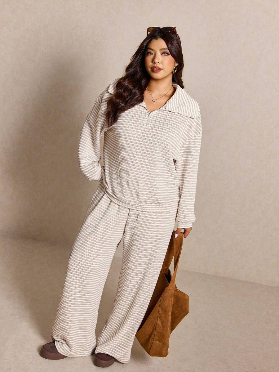 Elaquor Plus Size Dames Effen Kleur Drop Schouder Lange Mouw Ritssluiting Halve Sluiting Hoodie en Broek Casual 2-delige Set, Herfst